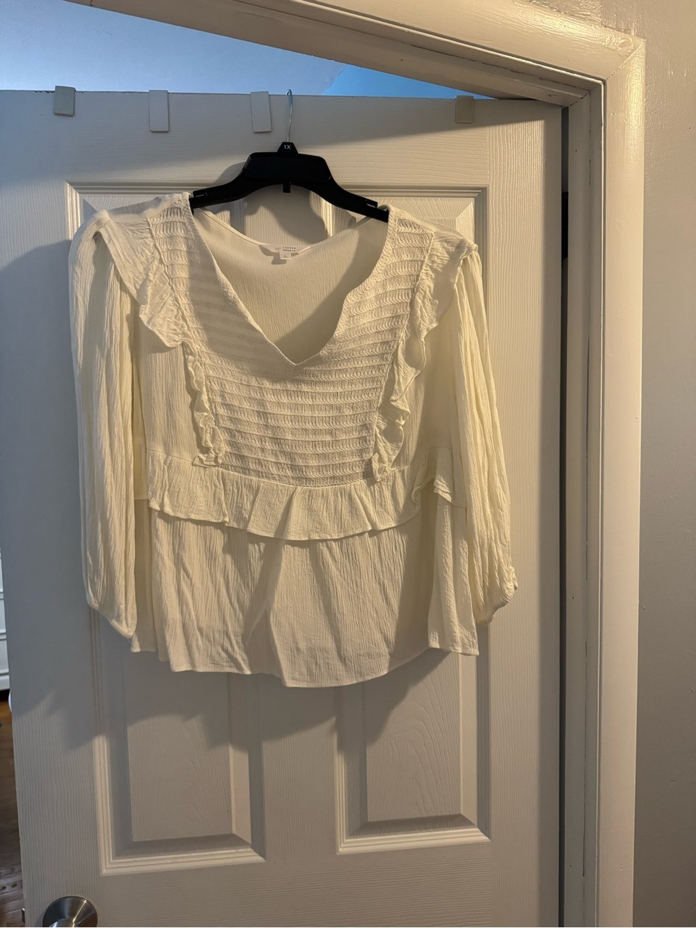 LC Lauren Conrad Cream Smocked Ruffle V-Neck Blouse